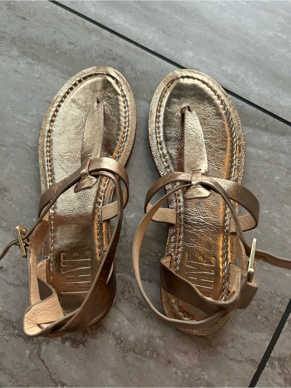 Frye Metallic Gold T-Strap Ankle Buckle Sandals - Picture 4 of 4